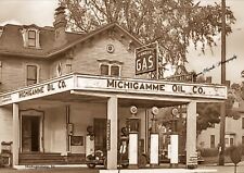 RPPC Photo Michigamme, Michigan Upper Peninsula, Glass Pumps, Gas, Old Car picture