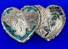 Dual HEARTS Flowers Western ART ornate Turquoise Coral Shell inlaid belt buckle picture