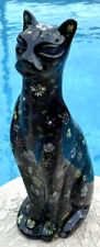 Black Ceramic Cat Floral Studio Pottery 16” Figurine Statue Handmade SIGNED picture