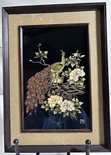 FRAMED REVERSE PAINTING PEACOCK on Glass w Mother-of-Pearl Flowers SIGNED. Vtg. picture