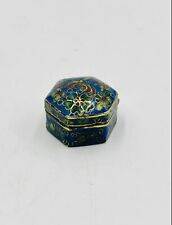 Vintage Brass Cloisonné Floral Pill Trinket Hexagon Blue Enamel Hinged 1.25