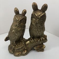 Two Great Horned Owls on Stump Heavy Brass Figurine picture