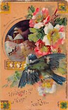 1910 Gilded Gelatin New Year PC of a Bluebird & Wild Roses by Snowy Church Scene picture