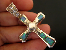 LARGE VINTAGE FIRE OPAL GEMSTONE STERLING SILVER CROSS CONSECRATED IN JERUSALEM picture
