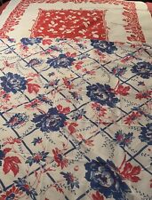 VTG 1950s Cotton Floral Tablecloth Pair 46X45”Square Blue Red White Cottage Core picture