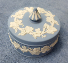 Vtg Wedgwood Blue Jasperware 5” Round Candy Jewelry Trinket Box Grapevine picture