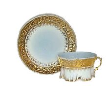 Antique Victorian Collectible Gold Gilded Blue Hue Porcelain Cup and Saucer picture