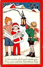 Whitney Christmas Postcard Vintage Cute Children Sing Carol Candle Lantern Farm picture
