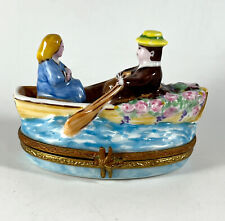 Vintage Limoges Artoria Peint Main France Lovers in a Rowboat Trinket Box READ picture