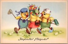 Vintage French HAPPY EASTER Greetings Postcard Dressed Chicks 