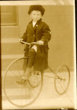 Antique Matted Photo Boy Riding Tricycle Bike Coat Hat BW C1900 Philadelphia PA picture