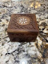 Vintage Wood Hand Carved Inlay India Sheesham Trinket Jewelry Hinged Box Small picture