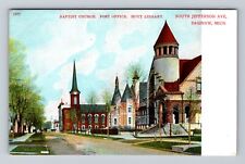 Saginaw MI-Michigan, Baptist Church, Post Office, Library, Vintage Postcard picture