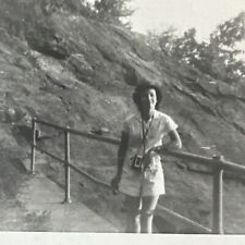 VINTAGE PHOTO women photographer with her camera posing in shorts Original picture