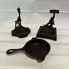 3 Vintage Cast Iron Ashtrays. Wagner Skillet And Drunk On A Light And Sign. Cool picture