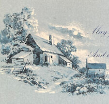 Antique 1912 Ephemera Postcard Blue Winter Countryside Cottage Birthday Wishes picture