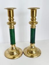 Vtg 1970s Andrea by Sadek Pair of Candleholders Brass Faux Malachite Green 8.5