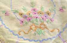 VTG HAND EMBROIDERED FLORAL SHEER YELLOW PILLOW COVER/SHAM LACE EDGING picture