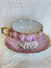 Vintage Royal Sealy China Gold Footed Pink Opalescent Tea Cup Saucer 1950s Japan picture
