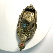 Vintage Small Brass Shoe Ashtray Turkish Slipper Cigarette Holder Missing Stones picture