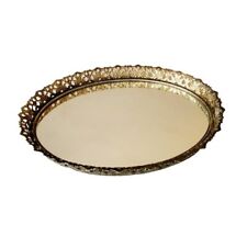 Vintage Oval Mirrored Vanity Dresser Tray Ornate Floral Metal Trim 13.5 x 10 picture