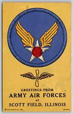 Scott Field IL~Greetings From Army Air Forces~Blue Papapatch w/USAF Logo~Linen picture
