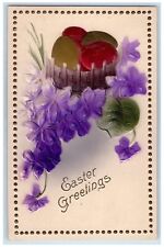 c1910's Easter Greetings Egg Basket Pansies Flowers Airbrushed Antique Postcard picture
