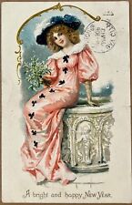 New Year Pretty Lady Pink Dress Tuck Antique Postcard c1910 picture