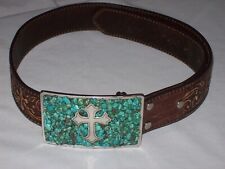 Nocona Turquoise Christian Cross Western Buckle With Leather Belt Size S picture