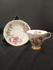 Vintage Clarence Bone China Rose Teacup & Saucer 387/52 ENGLAND Mint Green picture