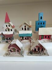 Vintage Christmas Putz Houses Set 8 Church Blue 3 Story Pink Sponge Trees Japan picture