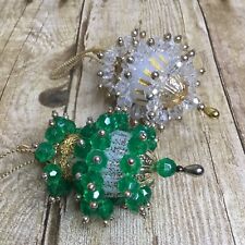 Set 2 Vintage Beaded Green White Gold Push Pin Chandelier Christmas Ornaments picture