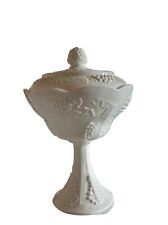 Vntg Milk Glass Pedestal Candy Dish/Compote W/lid Harvest Grape Design picture