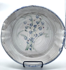 VTG Studio Pottery Pie Dish, Signed Lucy Johnson, Gray with Blue Flowers, 11.5