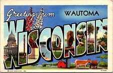 Greetings from Wautoma WI Large Letter c1942 Vintage Postcard X50 picture
