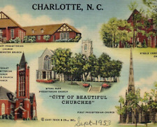 Vintage Linen Postcard City of Beautiful Churches Religious Charlotte NC picture