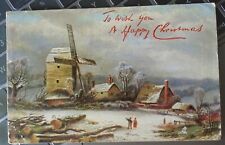 Antique Christmas Postcard Tuck Oilette Cottage Windmill Winter Scenes 1906 9006 picture