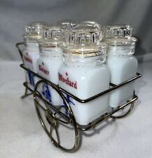 VTG Atlas Milk Glass Set Of 6 Dove Dutch Spice Jars On Wire Rack Classic 50s USA picture