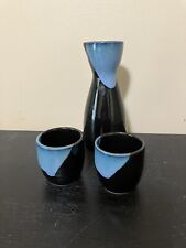 Japanese Sake Rice Wine Set 1 Carafe 2 Cups Black Blue Accents NEW picture