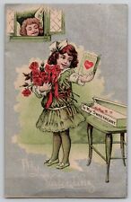 Valentine's Day Little Girl Roses Sweetheart Card Cupid Vtg Postcard c1910's picture