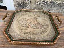 Antique Woven Tapestry Tray Art Victorian Scene French Provincial Gold Frame picture