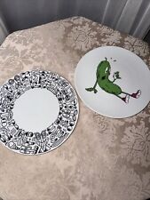 2 RARE RETIRED IKEA PLATES PICKLE BLACK AND WHITE SQUIGGLY FACES picture
