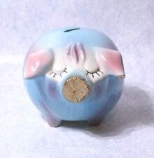 Vintage Hull Pottery 1957 Corky Pig Piggy Coin Bank USA Pink Blue Original Cork  picture