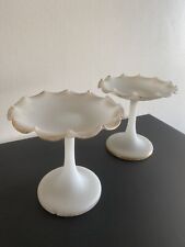 French White Opaline Glass Gilt Scallop Rim Footed Tazza Compote Pair 1870-1920 picture