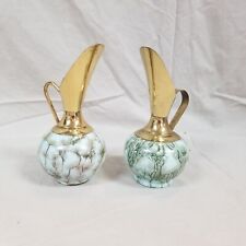 2 VTG DELFT HOLLAND 6” Brass/Marbled Ceramic Pitcher Vase Hand Painted picture