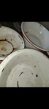 Vintage White Enamel Wash Basin Bowl w/Red Trim 12