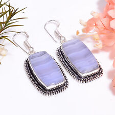 Blue Lace Agate Vintage Handmade Jewelry.925 Silver Plated Earrings 2