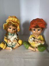 Vtg 1974 Universal Statuary Young Girl w/Cat & Boy w/Dog Retro Decor Statues picture