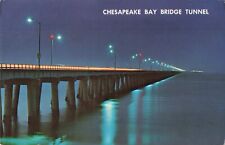 Virginia Beach VA, Chesapeake Bay Bridge Tunnel Lit Up at Night Vintage Postcard picture