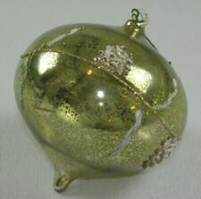 HUGE BLOWN ART GLASS GREEN GOLD ONION SHAPED CHRISTMAS TREE ORNAMENT EMBELLISHED picture